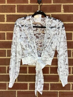 NWT Ember Stunning White Floral Lace Bolero Cardigan Long Sleeve M Tie Waist